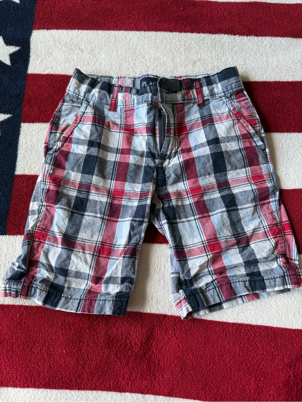 Place Red, Navy & White Plaid Kids Flat Front Shorts